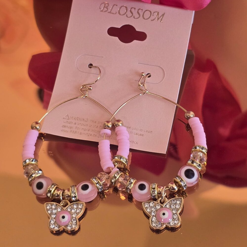 Blossom Pink Evil Eye Hoop Earrings | Beaded Flower Charm | Gold Tone | Boho | N